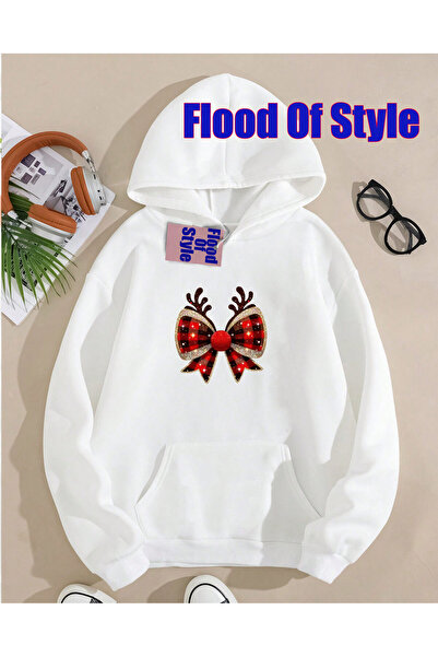 Flood Of Style Λευκό χριστουγεννιάτικο μινιμαλιστικό φούτερ με λαιμόκοψη με τ...