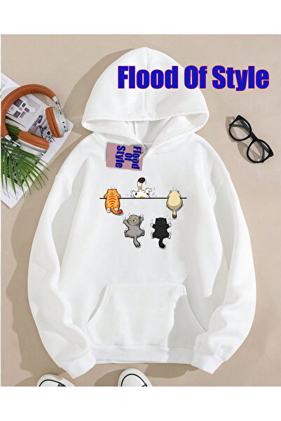 Flood Of Style Λευκή γάτα Μινιμαλιστική μπλούζα με λαιμόκοψη με τύπωμα