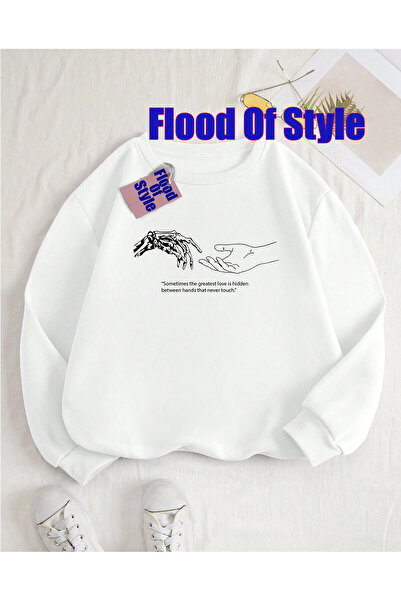 Flood Of Style Γκρι φούτερ με λαιμόκοψη μινιμαλιστικό με τύπωμα Biscuit Collar