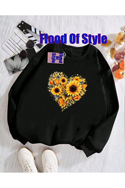 Flood Of Style Μαύρο ΚΙΤΡΙΝΟ Φούτερ με μινιμαλιστικό λαιμόκοψη με τύπωμα Bisc...