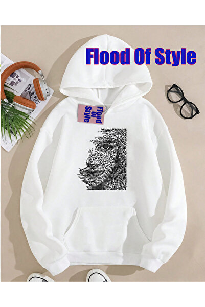 Flood Of Style Λευκό κοριτσίστικο μινιμαλιστικό φούτερ με λαιμόκοψη με τύπωμα