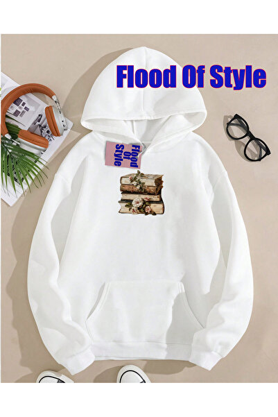 Flood Of Style Carte albă Minimalist cu imprimeu Biskilet Yaka Swea tricou