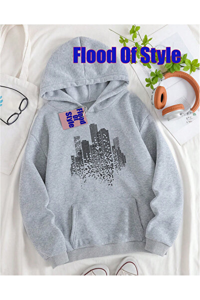 Flood Of Style Grey Bina Minimalist cu imprimeu Biskilet Yaka Swea tricou