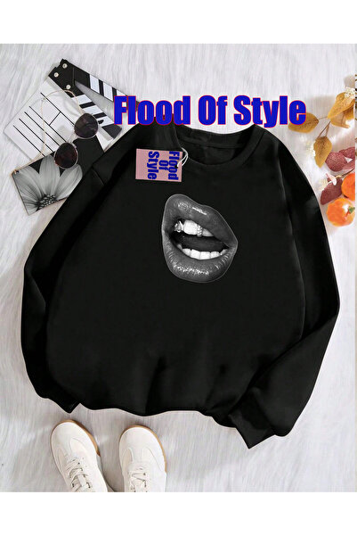 Flood Of Style Buze albe 1 Minimalist cu imprimeu Biskilet Yaka Swea tricou