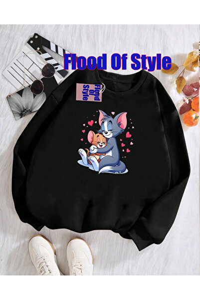 Flood Of Style Μαύρο φούτερ Tomjery Minimalist με τύπωμα με λαιμόκοψη