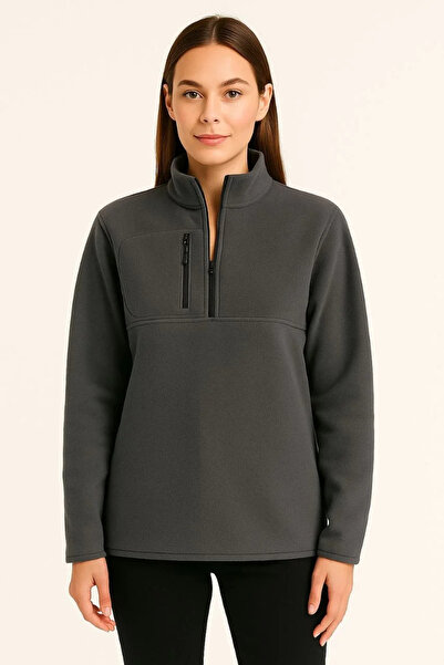 hibiscus Women's Fleece Sweater – Stand Collar, Half Zipper, Zippered Chest Pocket, Black Trim, Winter Comfortable Reg