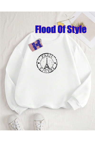 Flood Of Style Hanorac alb Paris Minimalist cu imprimeu cu gâtul în formă de bicicletă tricou