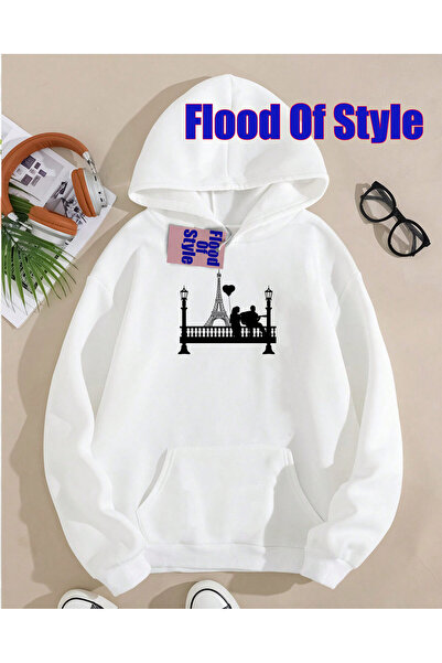 Flood Of Style Λευκό μινιμαλιστικό φούτερ με λαιμόκοψη με τύπωμα της Νέας Υόρκης