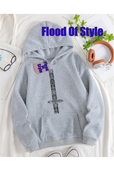 Flood Of Style Μινιμαλιστικό φούτερ με γκρι ζώνη με φτερωτό λαιμόκοψη με τύπωμα