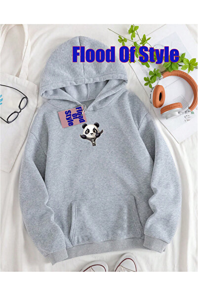 Flood Of Style سويت شيرت رمادي باندا مينيماليست مطبوع بياقة دائرية