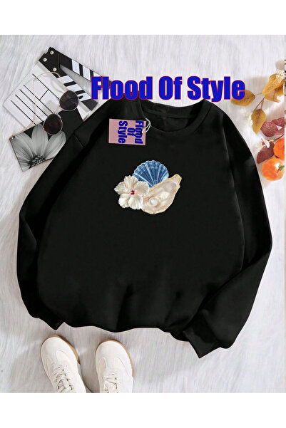 Flood Of Style Φούτερ με λαιμόκοψη με λευκό λουλούδι 2 Minimalist με τύπωμα