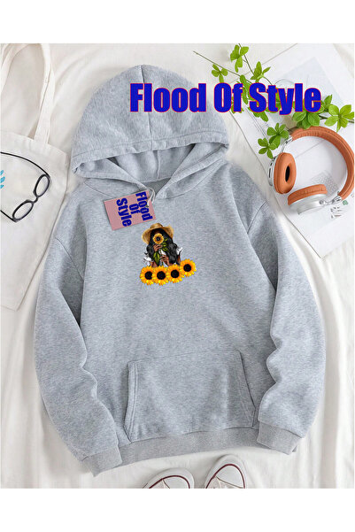 Flood Of Style Γκρι ηλιοτρόπιο μινιμαλιστικό φούτερ με λαιμόκοψη με τύπωμα