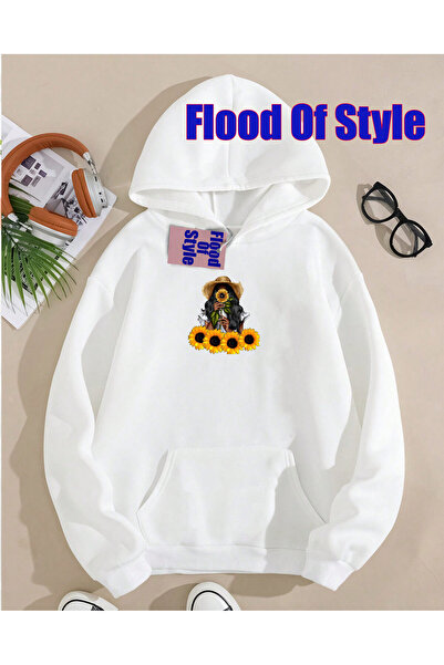 Flood Of Style سويت شيرت أبيض بياقة مطبوع بيسكيت بتصميم بسيط من دايزايتشيجي