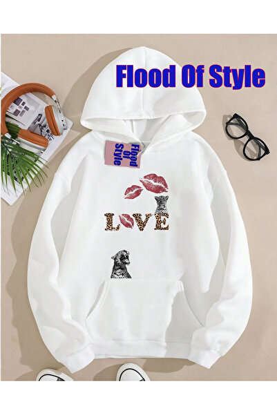 Flood Of Style Hanorac alb Love Minimalist cu imprimeu cu gâtul în formă de b...
