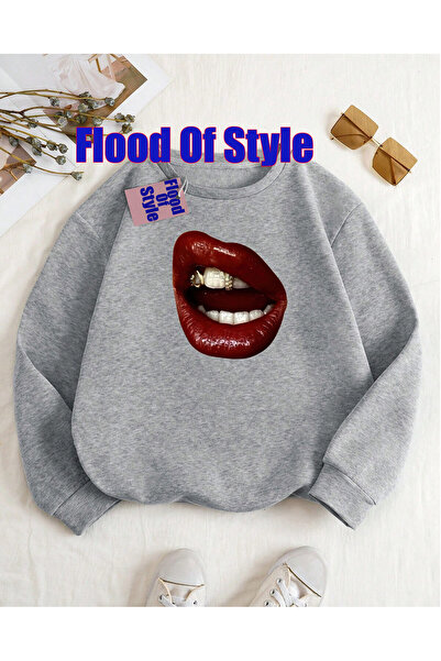 Flood Of Style Sweatshirt cu guler Biskilet cu imprimeu minimalist buze negre