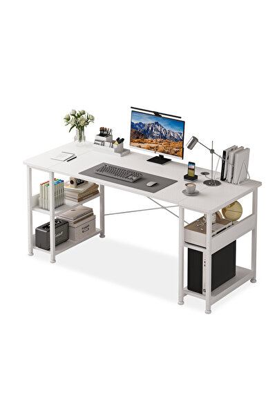 DASEN 150x55x75cm Carbon Fiber Gaming & Office Desk with Bookshelves & CPU Holder - White