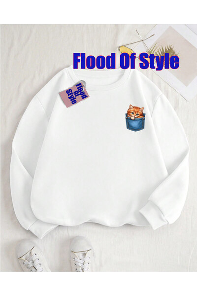 Flood Of Style Λευκό τζιν μινιμαλιστικό φούτερ με λαιμόκοψη με τύπωμα