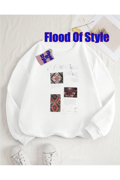 Flood Of Style Μινιμαλιστικό φούτερ με γκρι μοτίβο χαλιού με τύπωμα με λαιμόκοψη