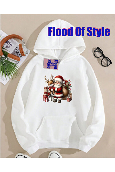 Flood Of Style Λευκό χριστουγεννιάτικο μινιμαλιστικό φούτερ με λαιμόκοψη με τ...