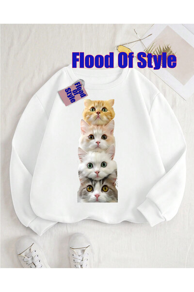 Flood Of Style Λευκή γάτα Μινιμαλιστική μπλούζα με λαιμόκοψη με τύπωμα