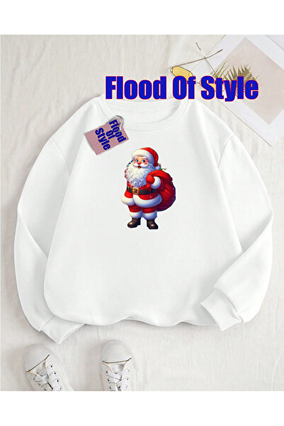 Flood Of Style Hanorac alb de Crăciun minimalist cu imprimeu cu guler tricou