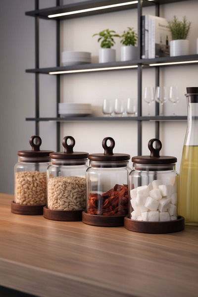 Paşabahçe Set of 4 400ml Glass Storage Jars with Acacia Wood Lids - Spice Jar Legume and Nuts Storage Container