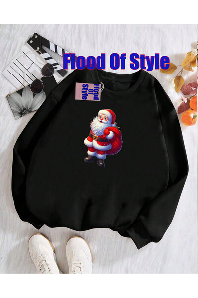 Flood Of Style سويت شيرت أسود بياقة بيسكيت مينيماليست مطبوع من نويل