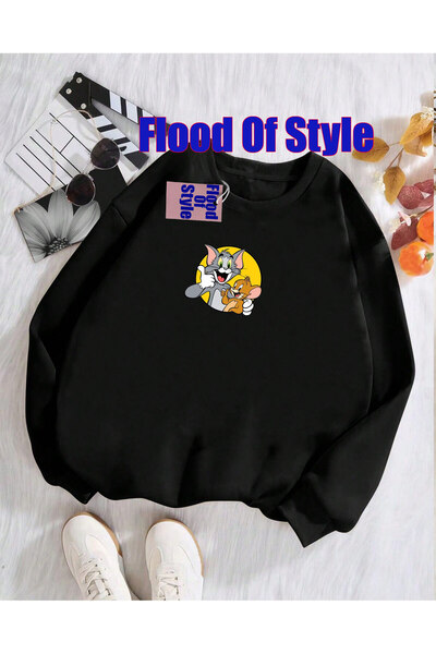 Flood Of Style Μαύρο φούτερ Tomjery Minimalist με τύπωμα με λαιμόκοψη