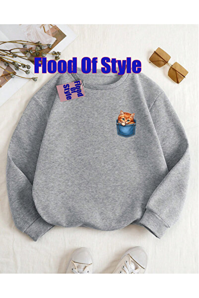Flood Of Style Γκρι τζιν μινιμαλιστικό φούτερ με λαιμόκοψη με τύπωμα