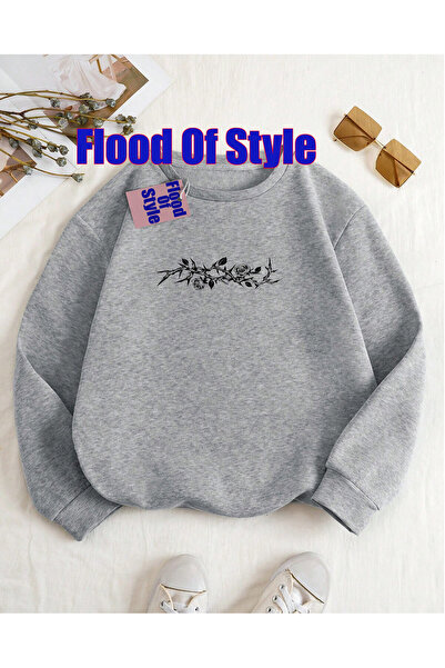 Flood Of Style سويت شيرت بياقة بيسكيت مطبوع من بلاك فلاور 1 مينيماليست
