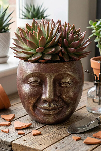 N NOXXO Golden Aura Serisi: Antik Altın & Kahve Eskitme Yüz Saksı (10cm)