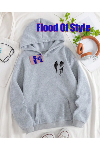 Flood Of Style Gray Broken Wing Minimalist Printed Biskilet Collar Sweatshirt