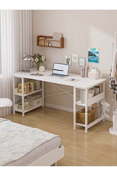 DASEN 150x55x75cm Carbon Fiber Gaming & Office Desk with Bookshelves & CPU Holder - White