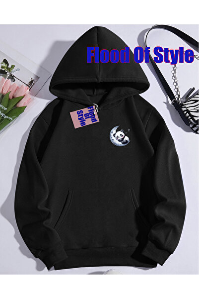 Flood Of Style Μαύρο φούτερ panda Ay Minimalist με τύπωμα με λαιμόκοψη μπισκέτα