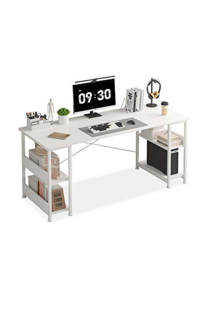 DASEN 150x55x75cm Carbon Fiber Gaming & Office Desk with Bookshelves & CPU Holder - White