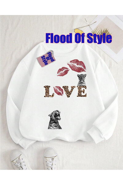 Flood Of Style Hanorac alb Love Minimalist cu imprimeu cu gâtul în formă de b...
