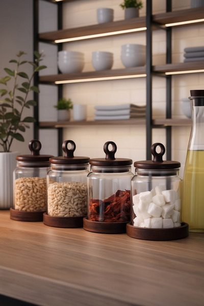 Paşabahçe Set of 4 400ml Glass Storage Jars with Acacia Wood Lids - Spice Jar Legume and Nuts Storage Container