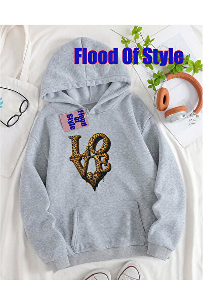 Flood Of Style Γκρι μινιμαλιστικό φούτερ με λαιμόκοψη με τύπωμα Biscuit