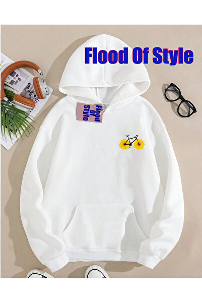 Flood Of Style Λευκό μπλουζάκι με μινιμαλιστικό γιακά ποδηλάτου με τύπωμα