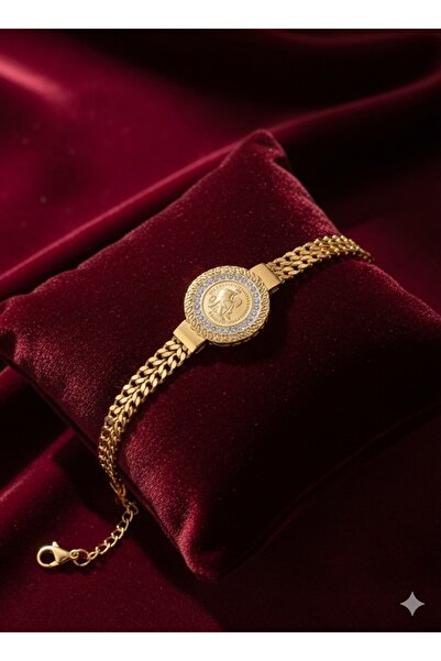 staınless steel Tuğra Motifli Altın Renk Taşlı Kadın Bileklik – Şık & Zarif T...