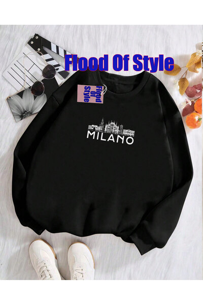 Flood Of Style سويت شيرت ميلانو مينيماليست مطبوع ذو ياقة دائرية باللون الأسود