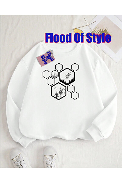 Flood Of Style Swea alb Polen Minimalist cu imprimeu cu guler bicicletă tricou