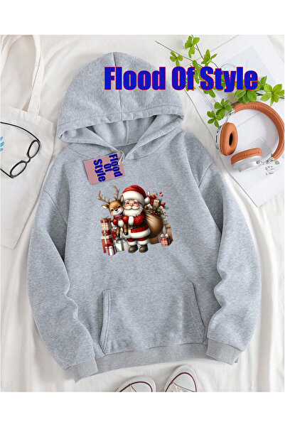 Flood Of Style Γκρι Χριστουγεννιάτικο μινιμαλιστικό φούτερ με λαιμόκοψη με τύ...