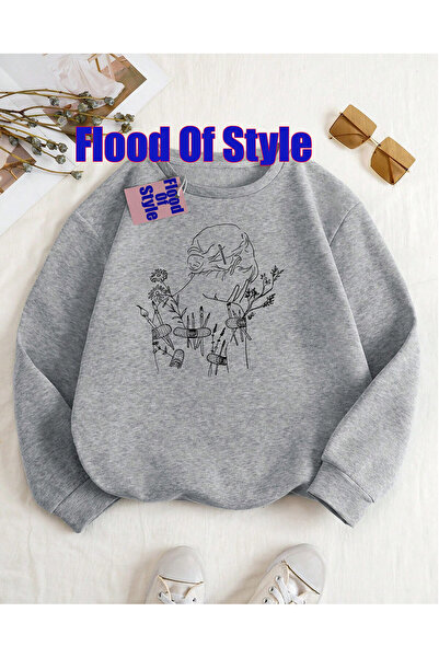 Flood Of Style Pulover cu guler Biskilet, gri, minimalist, imprimat.