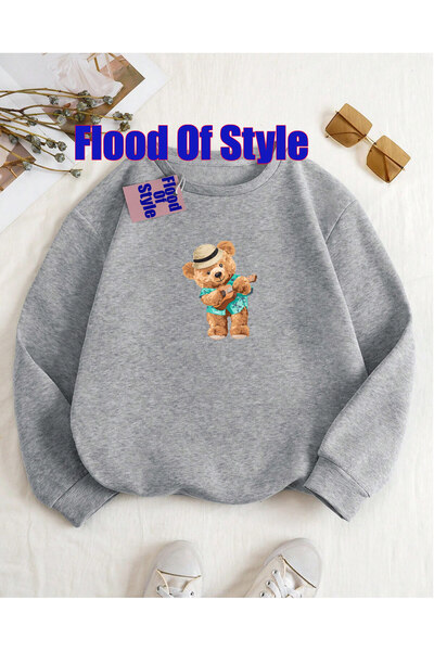 Flood Of Style سويت شيرت رمادي اللون على شكل دمية دب مينيماليست مطبوع بياقة ب...