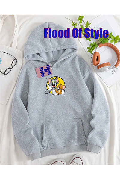 Flood Of Style Γκρι φούτερ Tomjery Minimalist με τύπωμα με λαιμόκοψη μπισκέτα