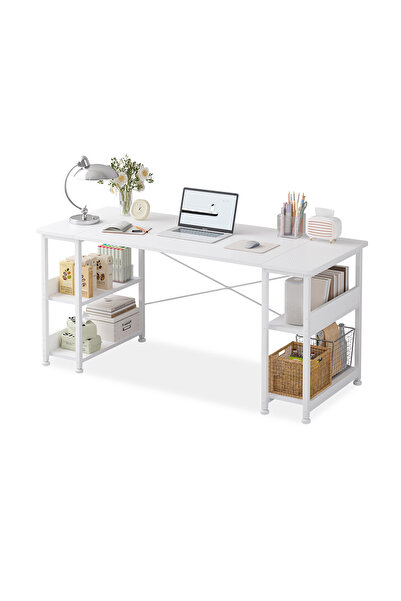 DASEN 150x55x75cm Carbon Fiber Gaming & Office Desk with Bookshelves & CPU Holder - White