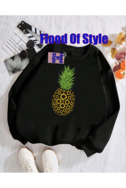 Flood Of Style Μαύρο μινιμαλιστικό φούτερ με λαιμόκοψη με τύπωμα με λαιμόκοψη