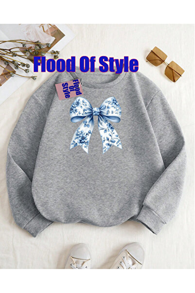 Flood Of Style Pulover minimalist gri cu imprimeu Biskilet Yaka