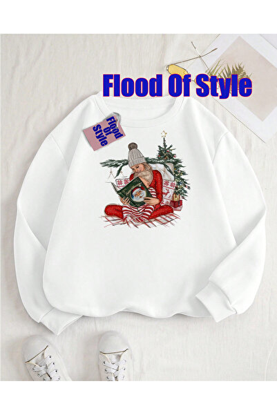 Flood Of Style Λευκό χριστουγεννιάτικο μινιμαλιστικό φούτερ με λαιμόκοψη με τ...